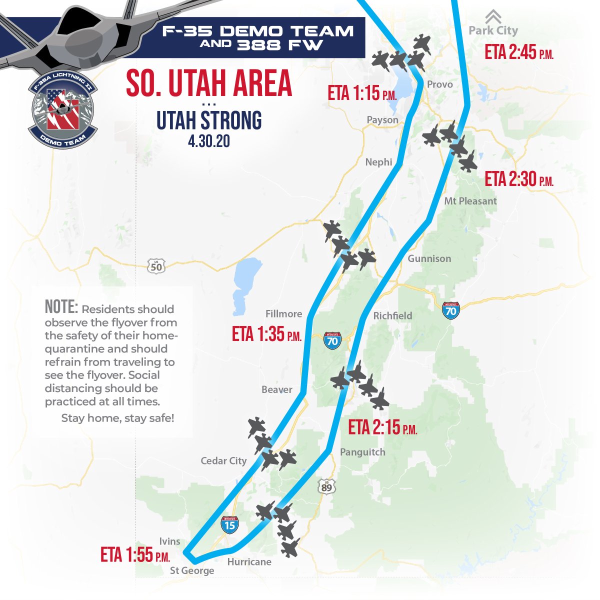 KUTV2News's tweet photo. "SALUTE UTAH FLYOVER:" These newly release maps show where and when you can see the U.S. Air Force conduct a formation flyover across the state of Utah.

DETAILS: https://t.co/qERiOCVsJC https://t.co/CC2XLvBtuD