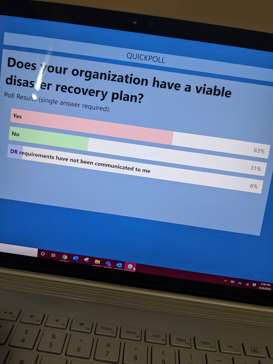 Interesting poll results from today's webinar, "Does your organization have a #DisasterRecovery plan?" A key benefit of working with a #SaaS provider. #MaaS #CloudExperts #Projetech