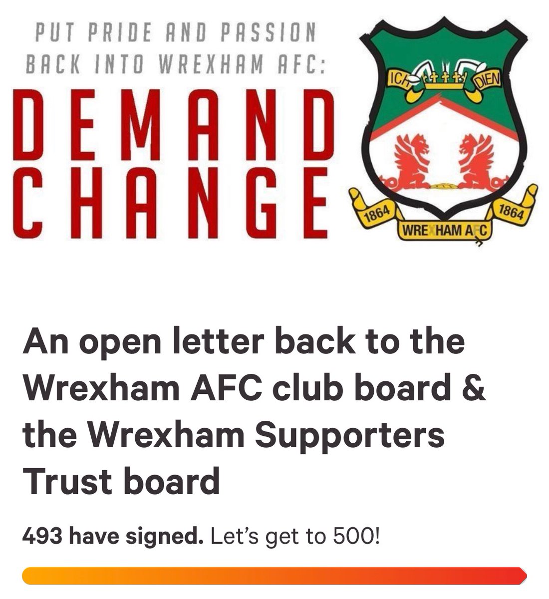 WrexhamFFC's tweet photo. Only seven more signatures required to reach 500 signatures.

https://t.co/3i2h46iaCU

#DemandChange https://t.co/vABvkKNw6z