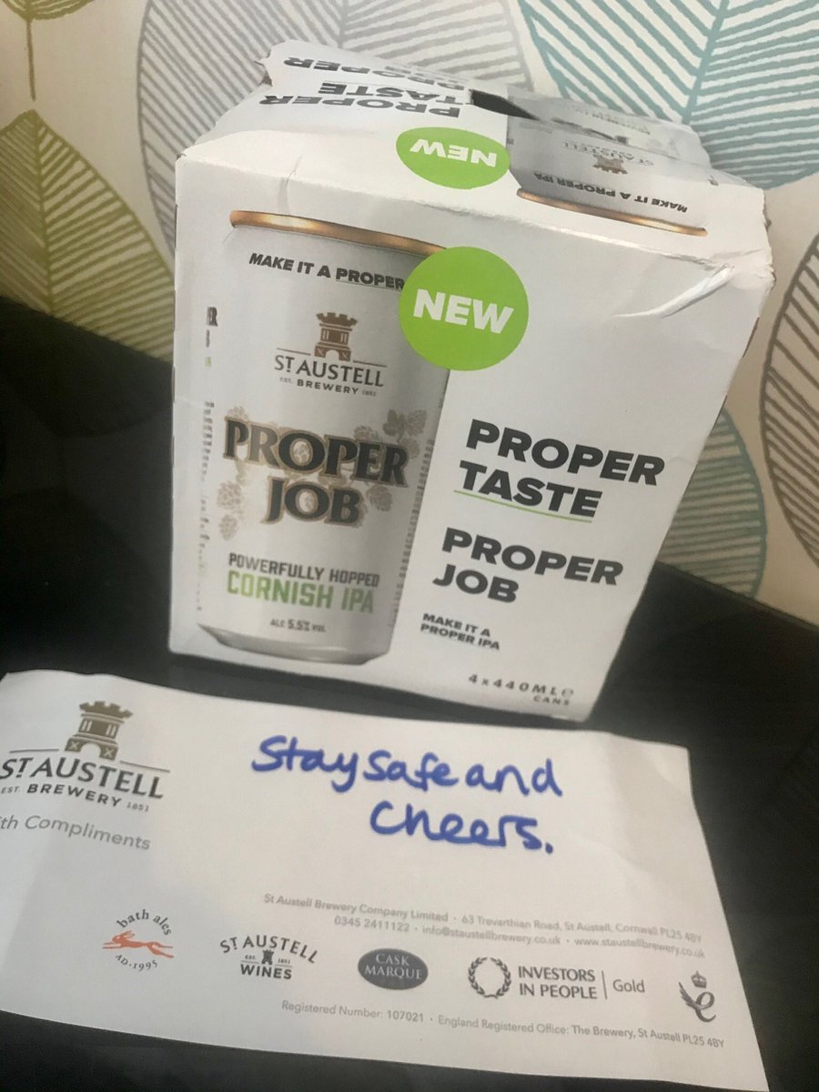 Thank you <a href="/_LauraHicks/">Laura McKay</a> <a href="/StAustellBrew/">St Austell Brewery</a> for the little care package. 440 cans of <a href="/properjobale/">Proper Job Ale</a> now available in Tesco. #properjob