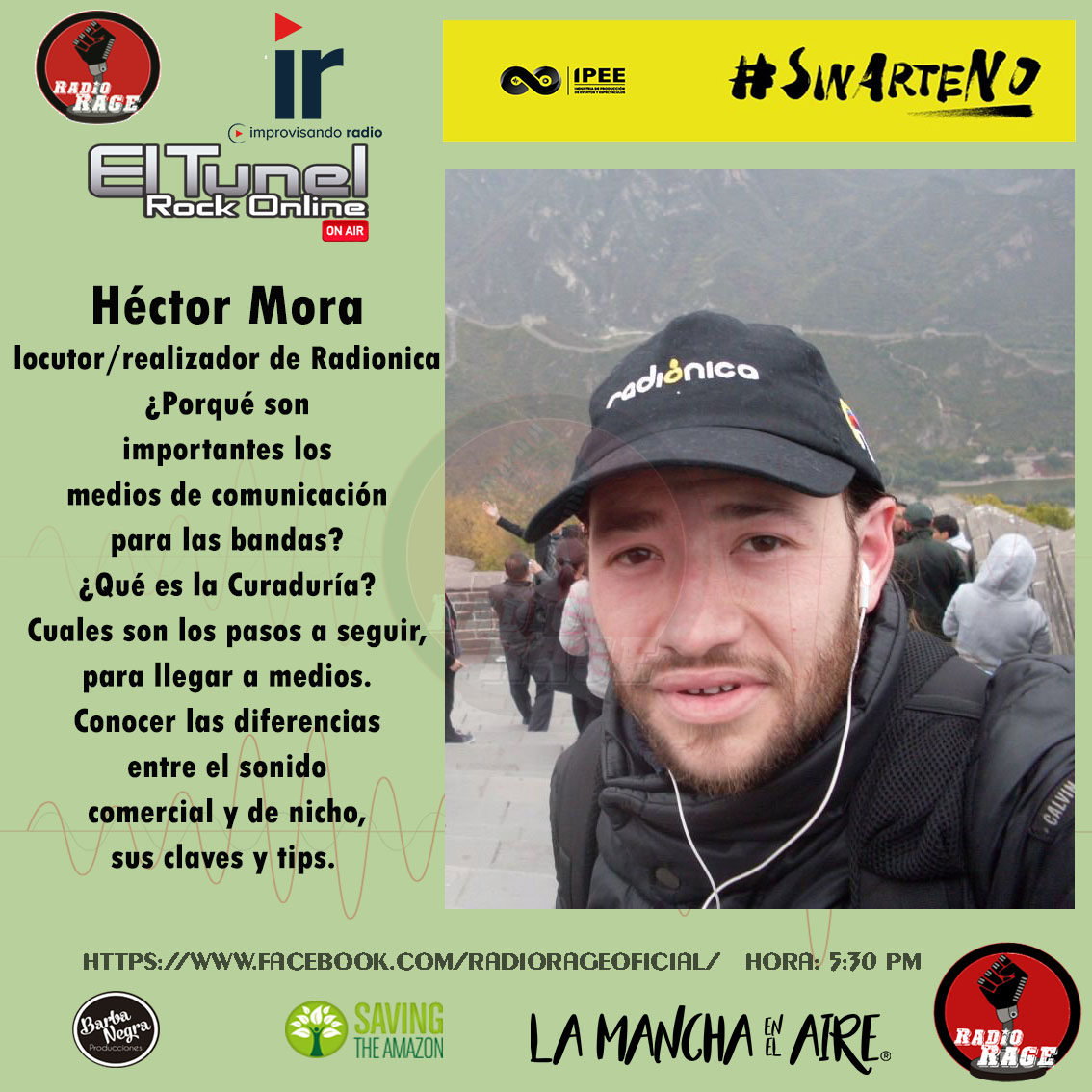Hoy <a href="/morarocknroll/">Héctor Mora</a> locutor de <a href="/Radionica/">Mila Mila</a>. ¿Porque son importantes los medios de comunicación para las bandas? ¿Qué es la Curaduría? Cuales son los pasos a seguir, para llegar a medios, diferencias entre el sonido comercial y de nicho, 5:30 pm #SinArteNo  facebook.com/RadiorageOfici…