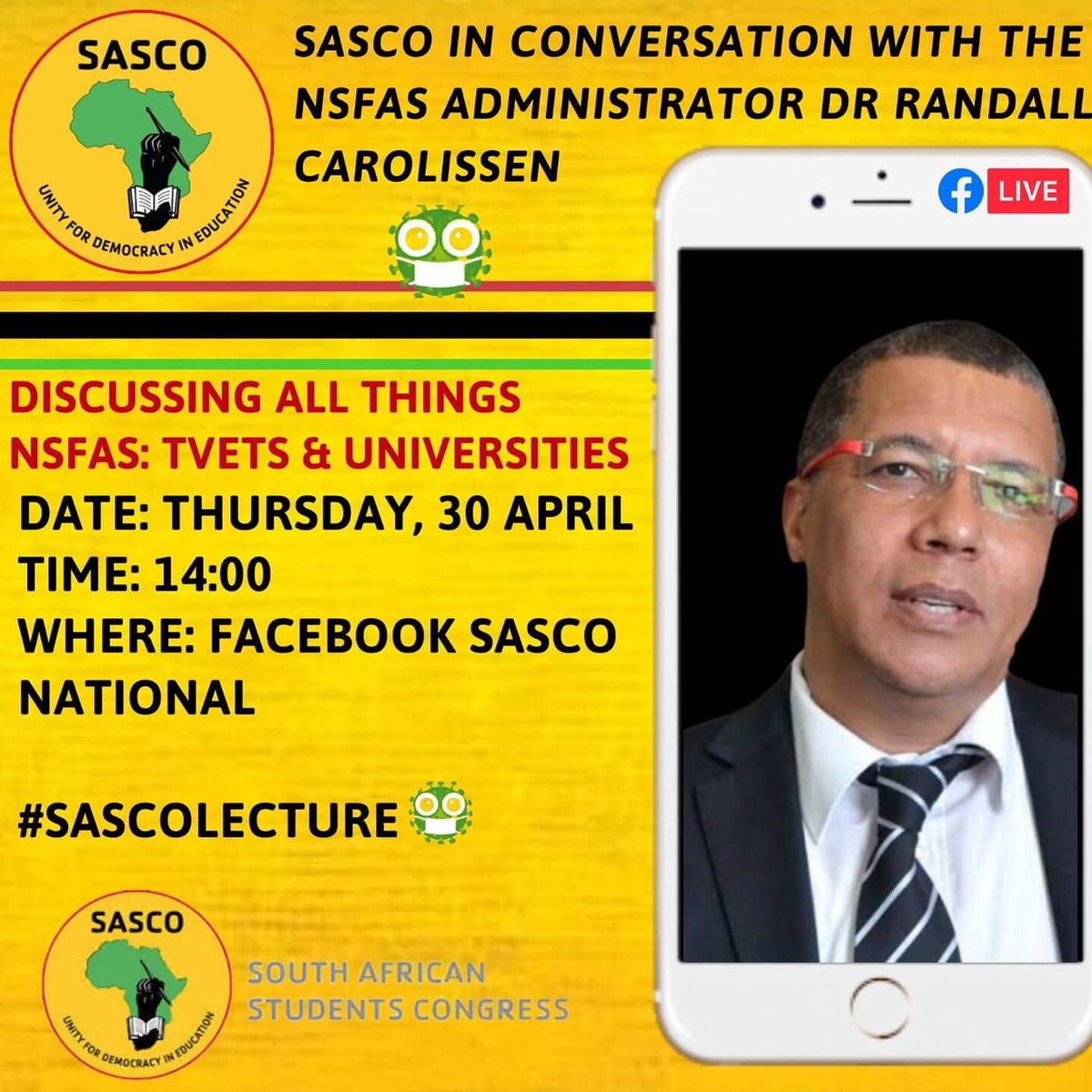 SASCO_Jikelele's tweet photo. Catch SASCO in conversation with Dr. Randallan Carolissen on our Facebook page, SASCO National, and SASCO TV. 

#SASCO29
#SASCOLECTURE https://t.co/VvN50Sksn2