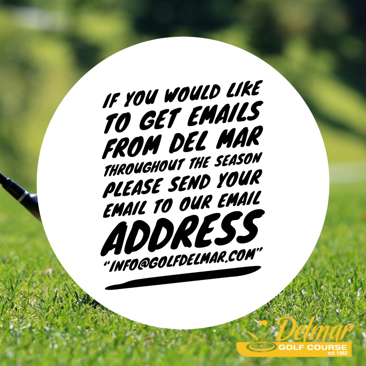DelmarGolf's tweet image. IF YOU WOULD LIKE TO GET EMAILS FROM DEL MAR THROUGHOUT THE SEASON PLEASE SEND YOUR EMAIL TO OUR EMAIL ADDRESS “info@golfdelmar.com”