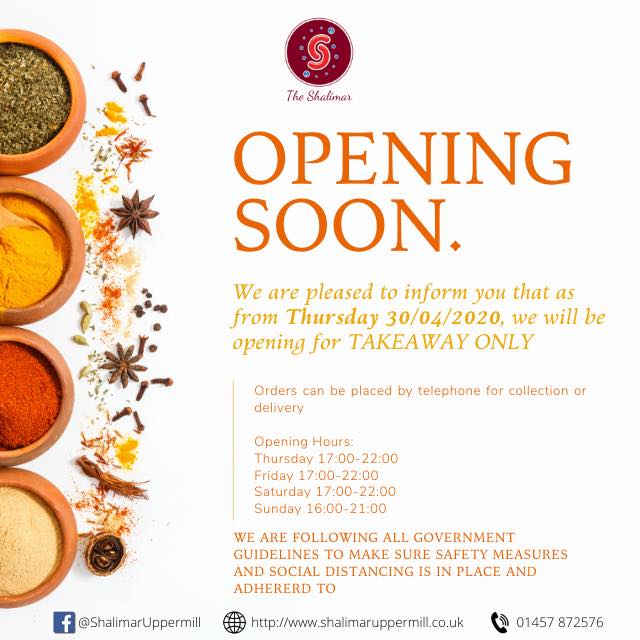 From tomorrow we will be opening for TAKEAWAY ONLY.

Orders can be placed by telephone for collection or delivery.

25% OFF TAKEAWAYS FOR NHS STAFF. We all thank you for working tirelessly during this challenging time!

#Shalimar #Uppermill #Saddleworth #NHS