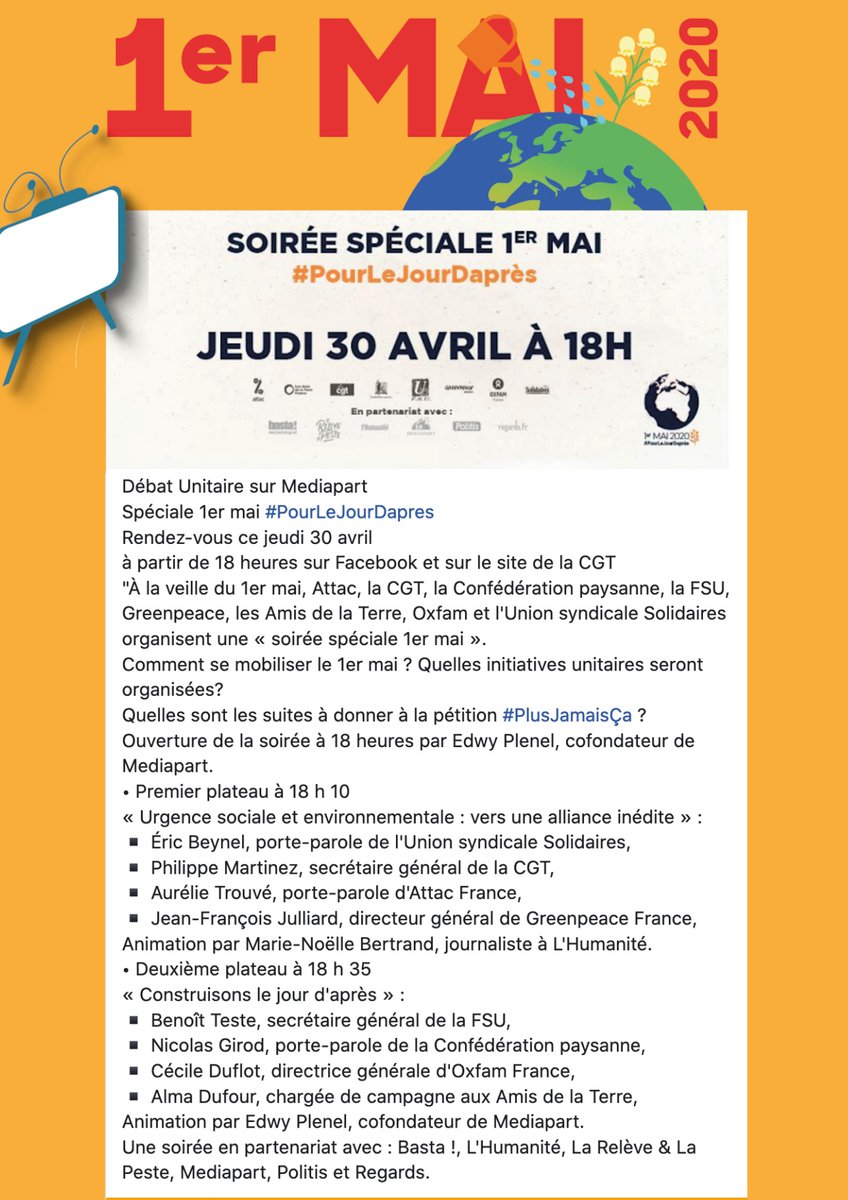 FNMECGT's tweet photo. [alerte] Spécial 1er Mai #PourLeJourDapres le jeudi 30 avril à partir de 18 heures sur le Facebook et le site de la Confédération Générale du Travail. 

#1erMai #fetedutravail #MobilisationEmploi #CriseSanitaire #CriseCovid19 #urgencesociale #CGT #FNMECGT #Attac #Oxfram https://t.co/RkX2sfBhWw