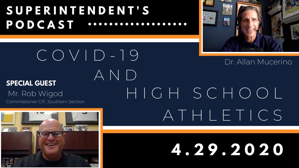 AlvordUnified's tweet photo. CIF SS Commish Rob Wigod joins Dr. Mucerino today to answer Q's from student-athletes, coaches, AD's, principals and supts about the 2020-21 HS sports year. Find the podcast streaming at 4 pm today on AUSD's YouTube channel https://t.co/i2S5suEkvc https://t.co/ohT5bSbLSW