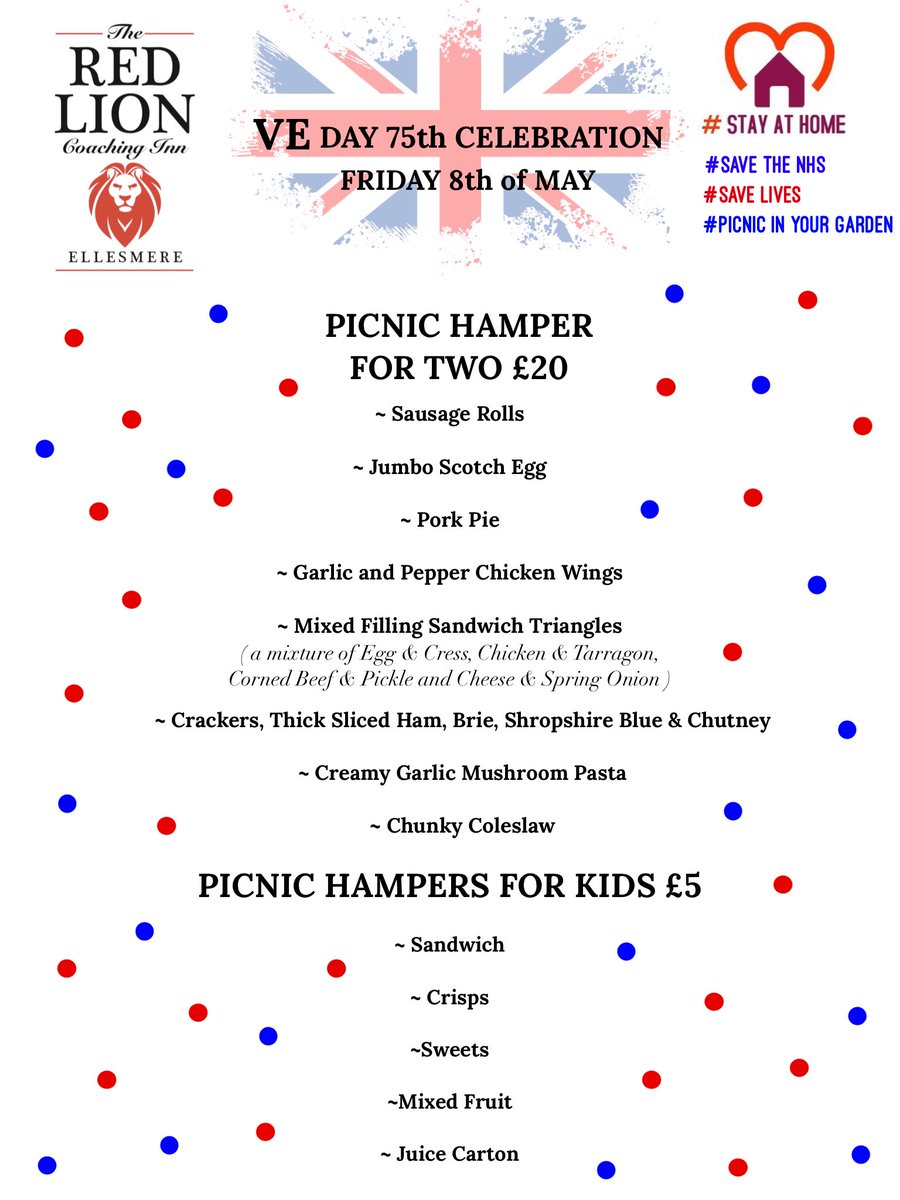 RedEllesmere's tweet photo. Friday the 8th of May! 
Ring on 01691 622632 for more information! Pop over to our Facebook Page for our Competition!!!
Picnics all over in our beautiful Town Ellesmere #StayHome #savelives #SaveTheNHS #picnicinyourgarden #VEDay75 @RedEllesmere https://t.co/zbe5daTCq2