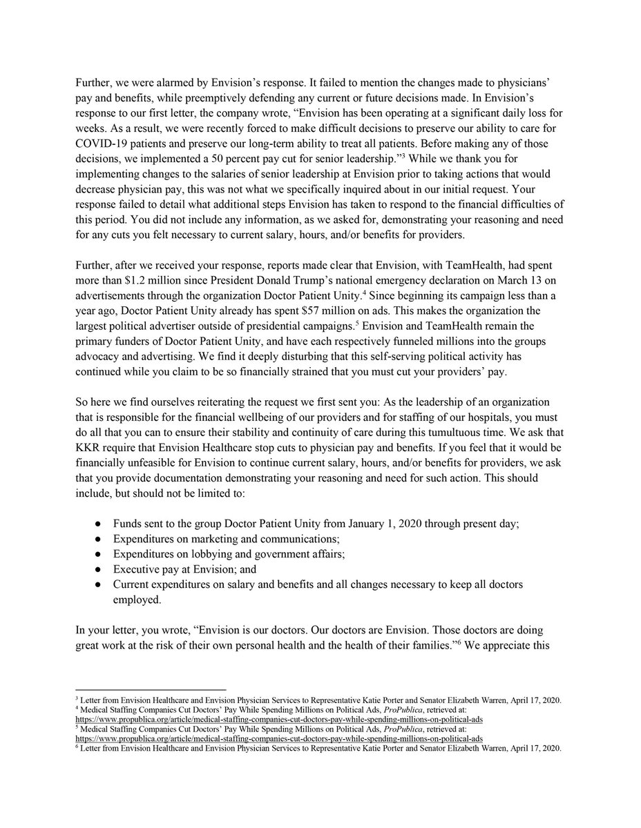 TeamKatiePorter's tweet photo. Envision Healthcare (backed by private equity) claims they’re so cash-strapped they have no choice but to cut physician pay and benefits. If that's the case, why are they pouring millions into dark money political ads?

@SenWarren and I are pressing for real answers. https://t.co/m1HxDwK8TW