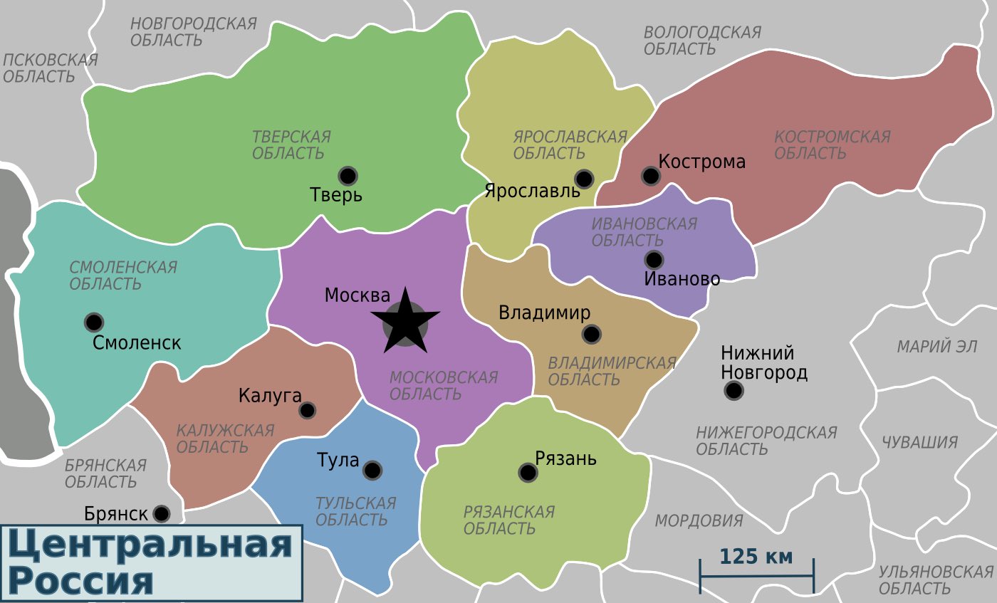 Карта центральной России с областями