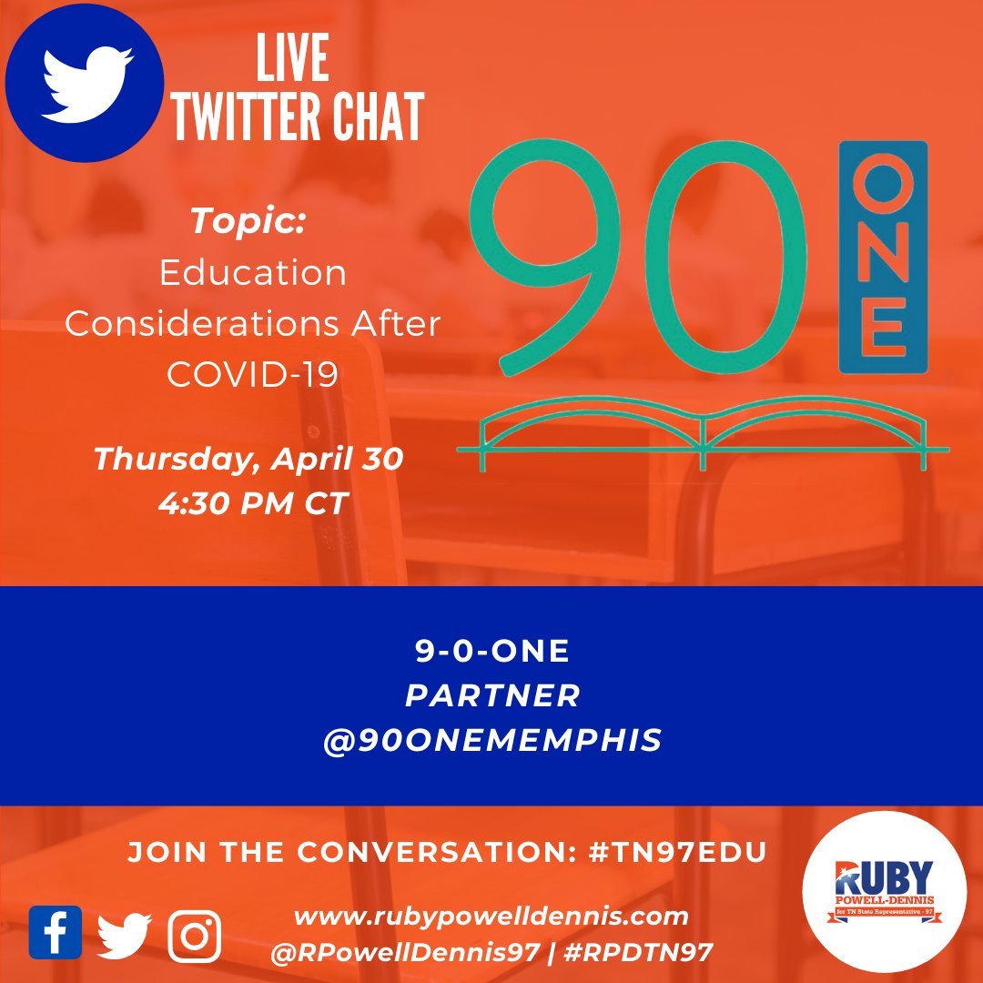 JUST ANNOUNCED! <a href="/90OneMemphis/">9-0-ONE</a> will be a featured partner in our Education Twitter Chat: Education Considerations After COVID-19!⁠
⁠
Join the conversation: #TN97EDU! ⁠
⁠
#RPDTN97 #K12 #EDCHAT #DIGLN #21stCenturyLeadership