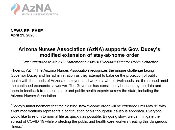 ArizonaNurses's tweet photo. Arizona nurses appreciate Gov. @DougDucey for his thoughtful, cautious approach to reopening the economy while protecting public health. Striking the right balance will save lives. #StayHomeAZ https://t.co/zaNIt821WK