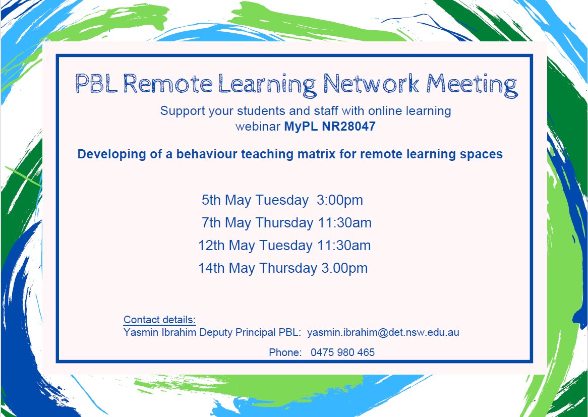 Karissa Pedron (@karissapedron) on Twitter photo The #PBL Ultimo Team will be presenting a series of network meetings to support schools with the ongoing implementation of PBL during this period of learning from home. Please see the attached flyer for event dates and further information. <a href="/yasmin_e_ibby/">Yasmin Ibrahim</a> <a href="/Kellie_PBL/">Kellie Wood</a> <a href="/smitheesusan/">Susan Smith</a> The #PBL Ultimo Team will be presenting a series of network meetings to support schools with the ongoing implementation of PBL during this period of learning from home. Please see the attached flyer for event dates and further information. <a href="/yasmin_e_ibby/">Yasmin Ibrahim</a> <a href="/Kellie_PBL/">Kellie Wood</a> <a href="/smitheesusan/">Susan Smith</a>
