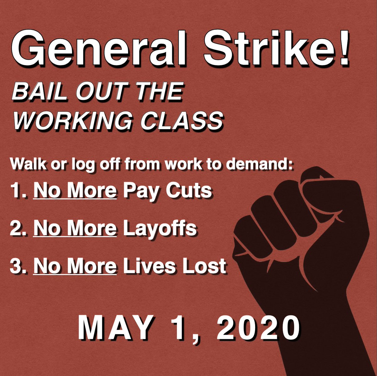 ucsb4cola's tweet photo. This Friday is #MayDay, or International Worker's Day! Workers across sectors will be ON STRIKE. We reject austerity and demand a #PeoplesBailout!
Do not work, do not shop, do not pay rent, debts, or bills -- this Friday, America will embark on a #GeneralStrike! ✊🏼❣️ https://t.co/CJliCvAb5Y
