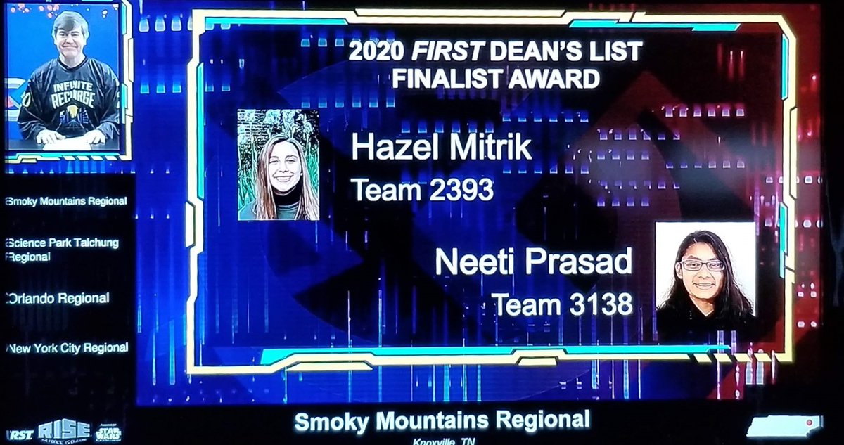 Congratulations to Neeti Prasad for winning the Dean’s List Regional Finalist Award at Smokey Mountain.
Neeti is a Junior on the FIRST Team 3138 Innovators Robotics.
#FIRSTFRC
#Innovators_Robotics