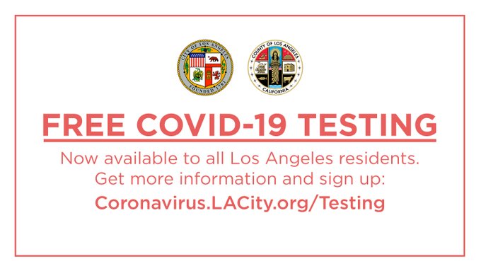 FREE COVID-19 TESTING Now available to all Los Angeles residents. Get more information and sign up: Coronavirus.LACity.org/Testing 