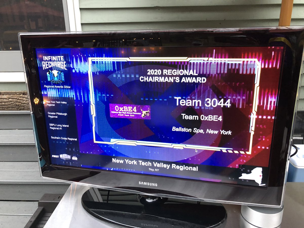 We are a very proud team this evening and so very thankful for <a href="/FRCTeams/">FIRST Robotics Competition</a> on hosting regional event winners during this difficult time. We are very humbled and honored with Dean’s list award winner(Shelby), Woodie flowers award(Trish), Chairman’s award(team) <a href="/BSCSD/">Ballston Spa CSD</a> <a href="/NYTVFRC/">NY Tech Valley FRC</a>