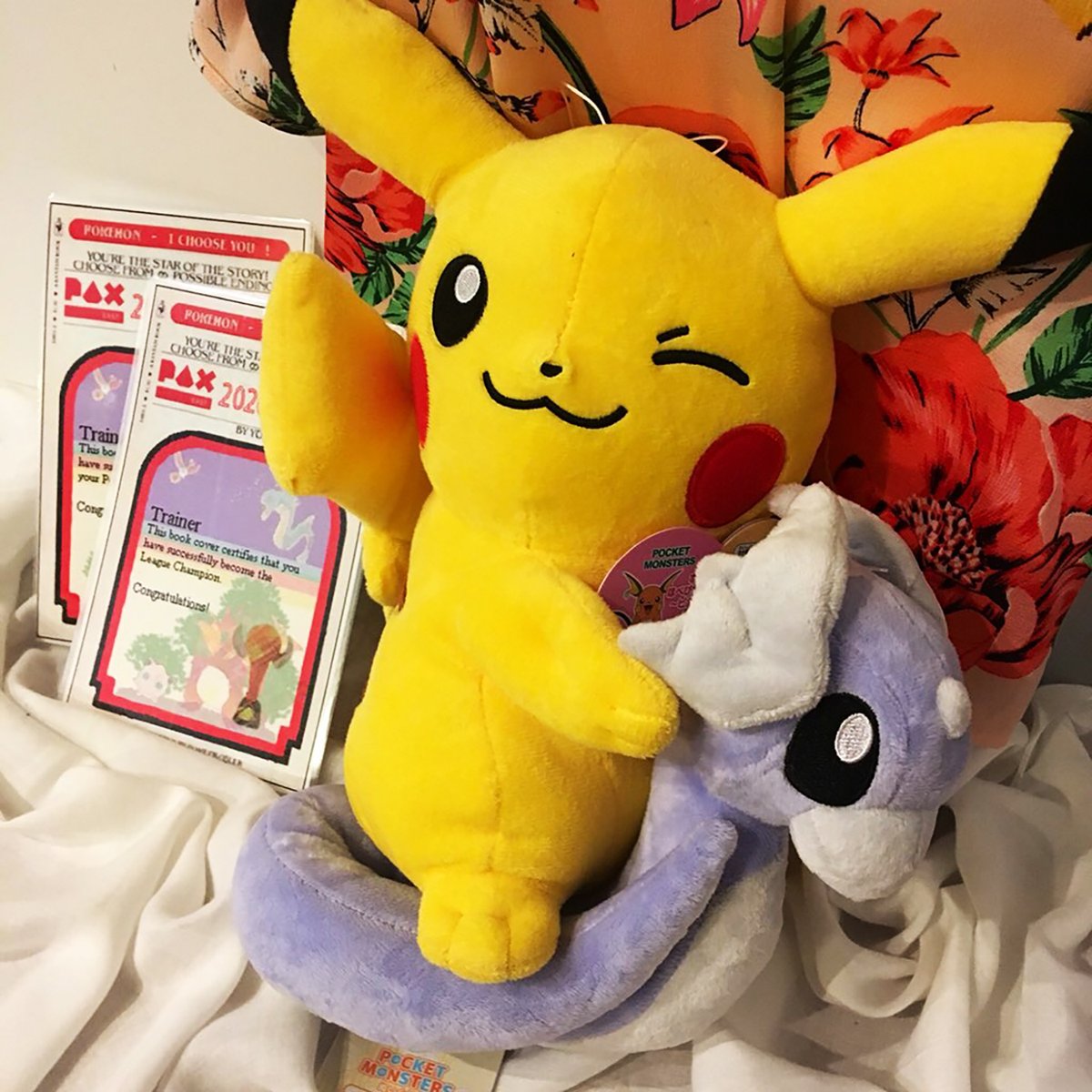Pikachu riding a Dratini with the Adventure Endings