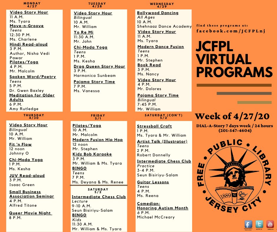 JCFPL_NJ's tweet image. Here&apos;s this week&apos;s #virtualprogramming schedule, with a few updates. Take a look!