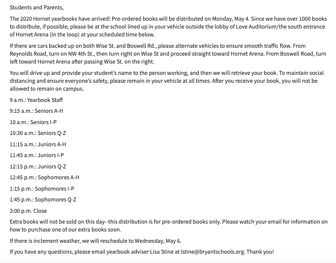 📘💙 The 2020 Hornet yearbook has arrived! Please see the attached information for details on distribution of pre-sale orders Monday, May 4. 💙📘