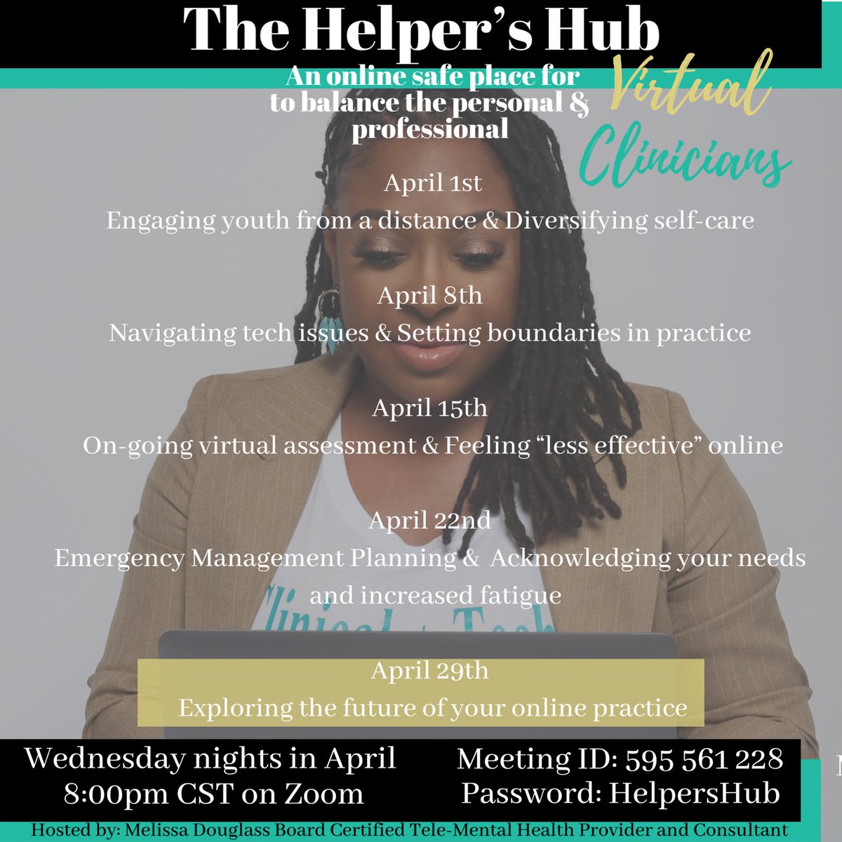 TheVirtualLCSW's tweet image. Clinicians, 
Tonight I’m informally sharing “5 Considerations When Staying Online” as many are contemplating remaining online for safety purposes and/or by preference. 

No registration required, no “sale or ask” to follow, open group with all info needed below. 
#MeetMeAtTheHub