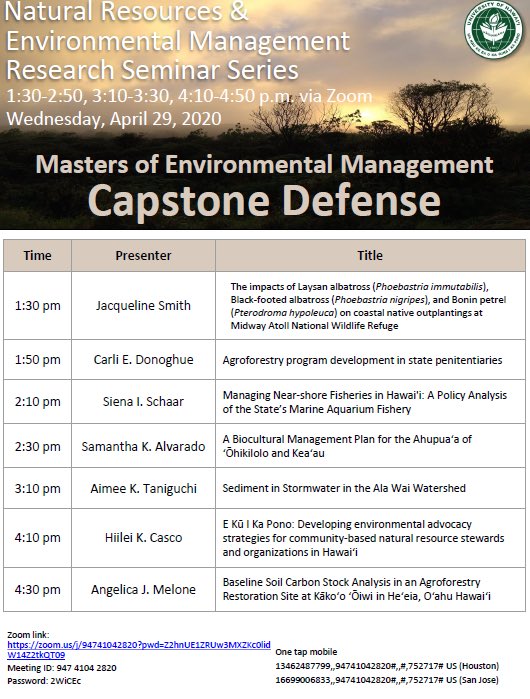 ellaenvironment's tweet photo. Today is the day! Tune in to the Zoom link below to join the masters of environmental management students from @NREM_UH in defending their capstone projects. See schedule below #NREMseminar.     Zoom link: https://t.co/LCaBMiXXO4 https://t.co/dOshHr96sW