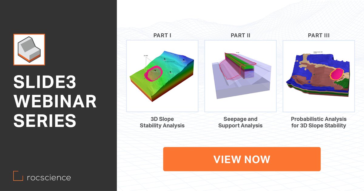 Rocscience's tweet photo. Now view the recordings of our three-part #webinar series on the powerful and dynamic #Slide3, hosted earlier this year - https://t.co/fsJfNUXT2o
#Rocscience #3DGeotechnicalTool #LimitEquilibiumAnalysis #GeotechnicalSoftware #ProbabilisticAnalysis #geotechnicalengineering https://t.co/vUfm17SCyl