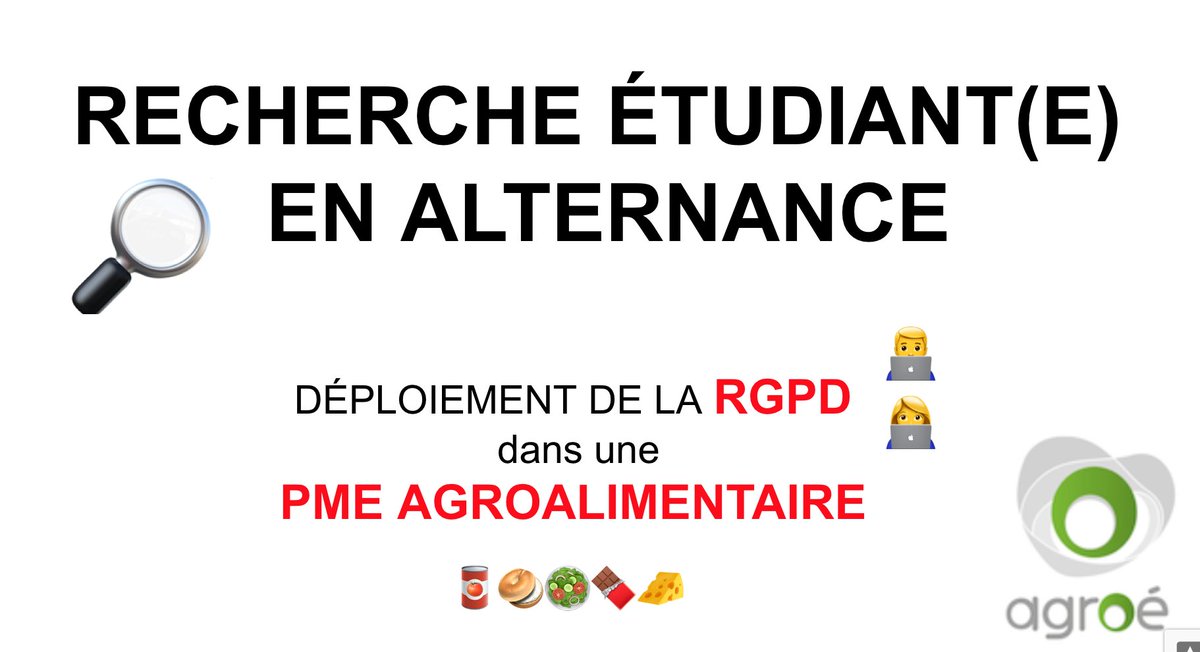 Nous sommes à la recherche d'un #étudiant en #alternance pour déployer la #RGPD dans une très belle PME #agroalimentaire située à #Calais.
Des personnes intéressées ? Des noms d'établissements proposant ce type de formation en région #hautsdefrance ?