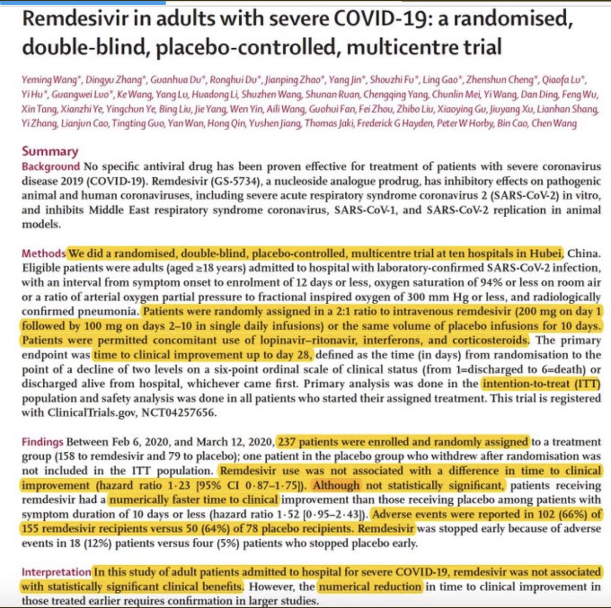 ...çok büyük ümit bağlanan ilaçtı, remdesivir, malesef etkisi olmadığı ortaya çıktı, bu ÇİN'lilerin herşeyi ÇİN işi olmuş bilimi dahi.