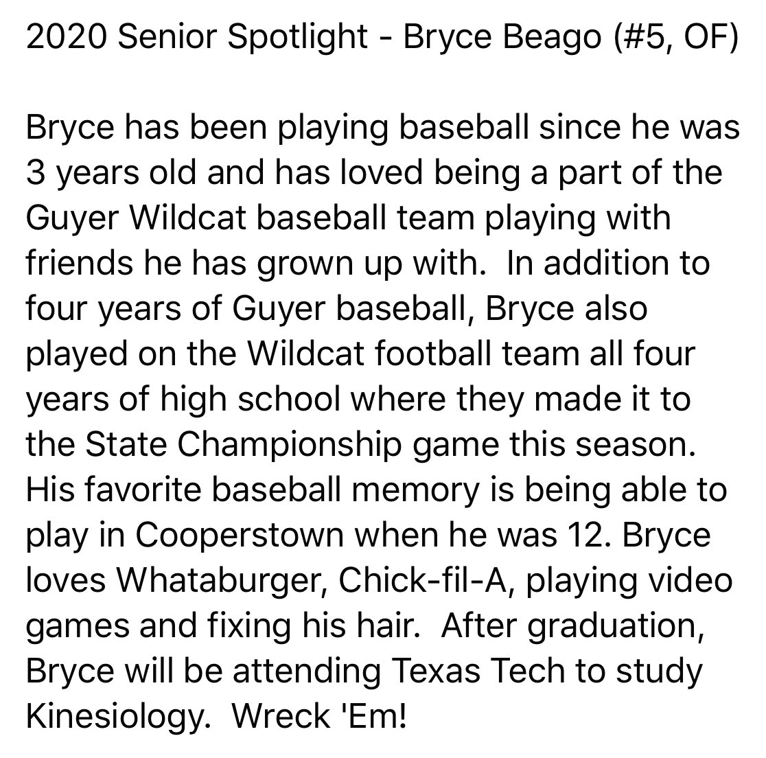 Guyer_Baseball's tweet photo. 2020 Guyer baseball Sr. Spotlight @BryceBeago https://t.co/zGud5uB8FC