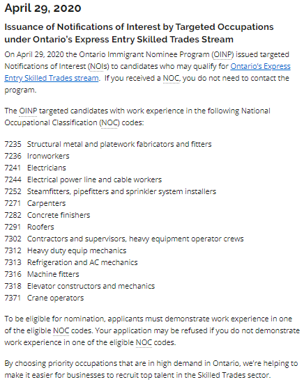 rekaillp's tweet photo. #OINP has issued targeted Notifications of Interest today under its Express Entry Skilled Trades Stream. For further details, please see: https://t.co/1zRSNuDXZ8
#CdnImm #ONImm https://t.co/gqhGZIPgNL