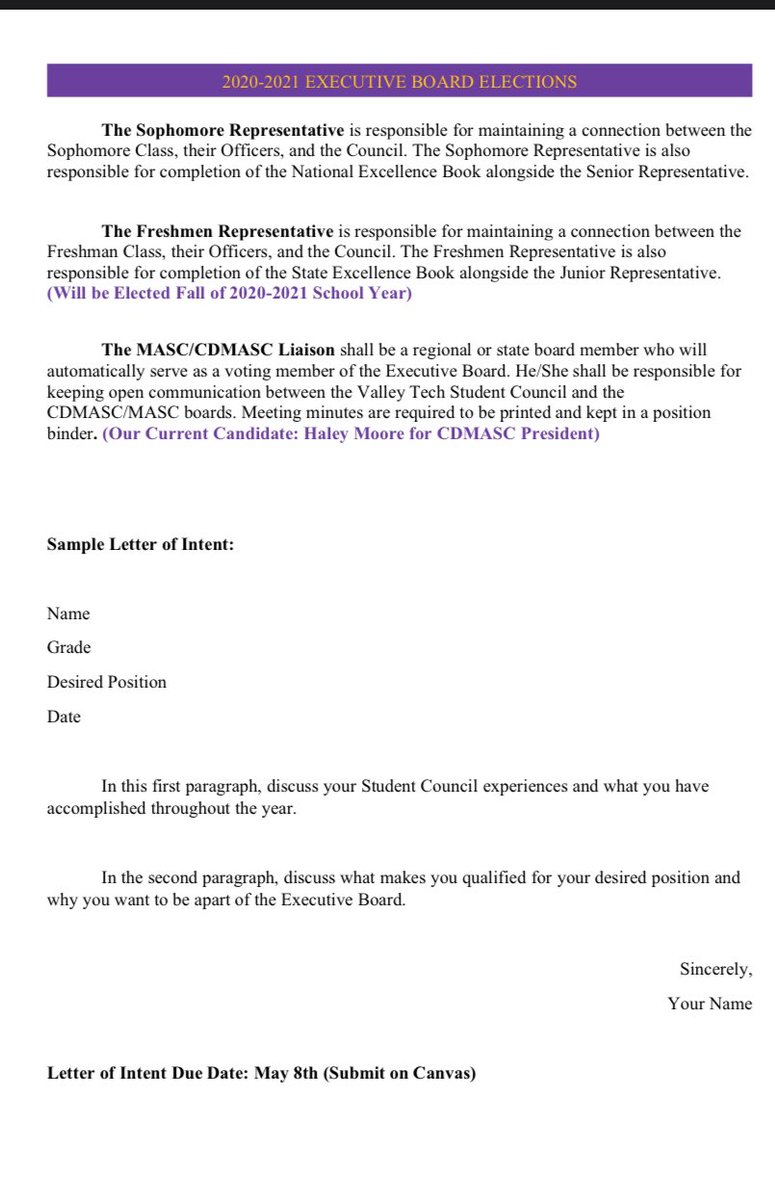 Interested in running for the 2020-2021 BVT Stuco E-Board? Please read the info below, we have some new positions for next year! Letters of intent will open on Canvas tomorrow and be due on May 8th.