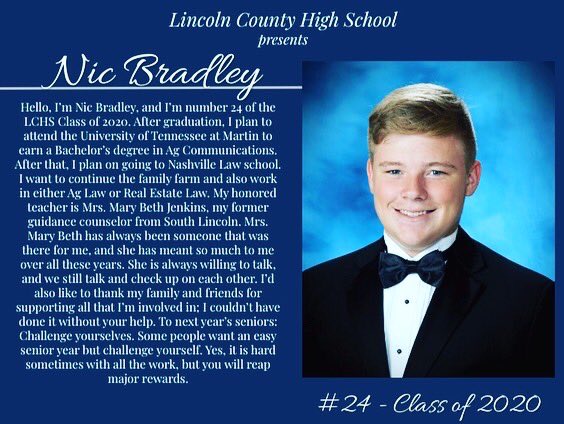 LCHSFalcons's tweet photo. To celebrate the achievements of our Top 10%, LCHS presents a daily countdown of our top-performing students. Today’s honoree is Mr. Nic Bradley, #24 of the LCHS Class of 2020. https://t.co/PHdDAbOQBh