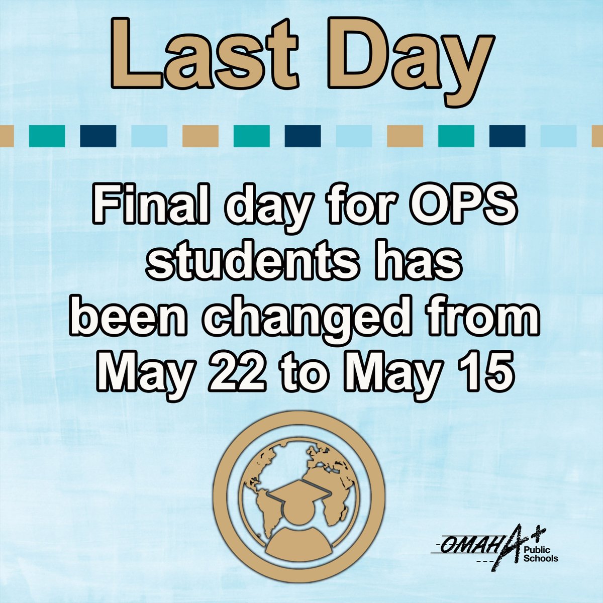 The final day for all OPS students has been moved from May 22 to May 15. See updated calendar: bit.ly/2VLVr0u