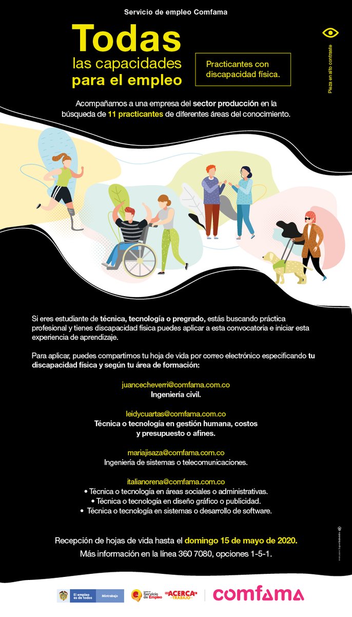 Comfama On Twitter En El Servicio De Empleo Comfama Estamos En La Busqueda De Practicantes Con Discapacidad Fisica Que Quieran Iniciar Su Experiencia De Aprendizaje En Una Empresa Del Sector Produccion Si