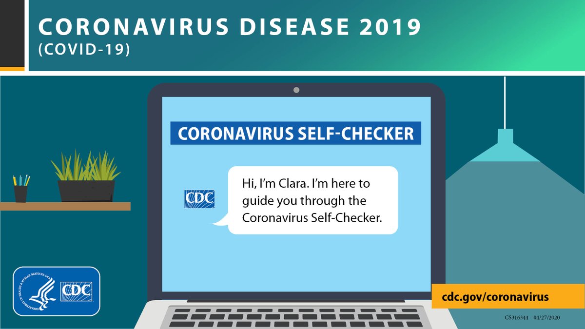 CDCgov's tweet photo. Everyone can help prevent spread of #COVID19. Clara, the #Coronavirus Self-Checker, can help you decide when to call your doctor if you are feeling sick. Start using Clara here: https://t.co/5FnxlOcZpu. https://t.co/dYNwHAgEQi