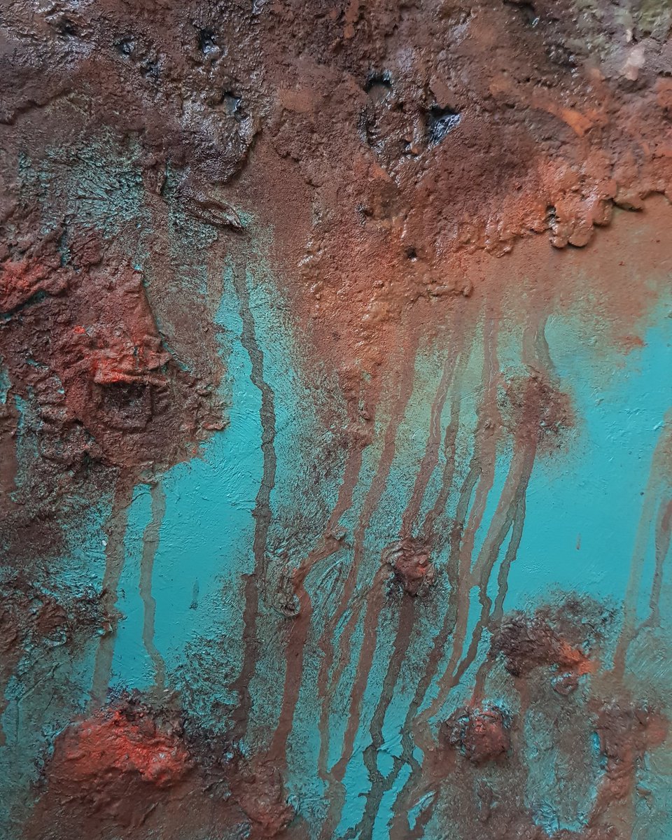 #WIP 

#rust #rusty #oil #oilpainting #coldwax #teal #texture #technique #organic #artist #stayhome #artistathome