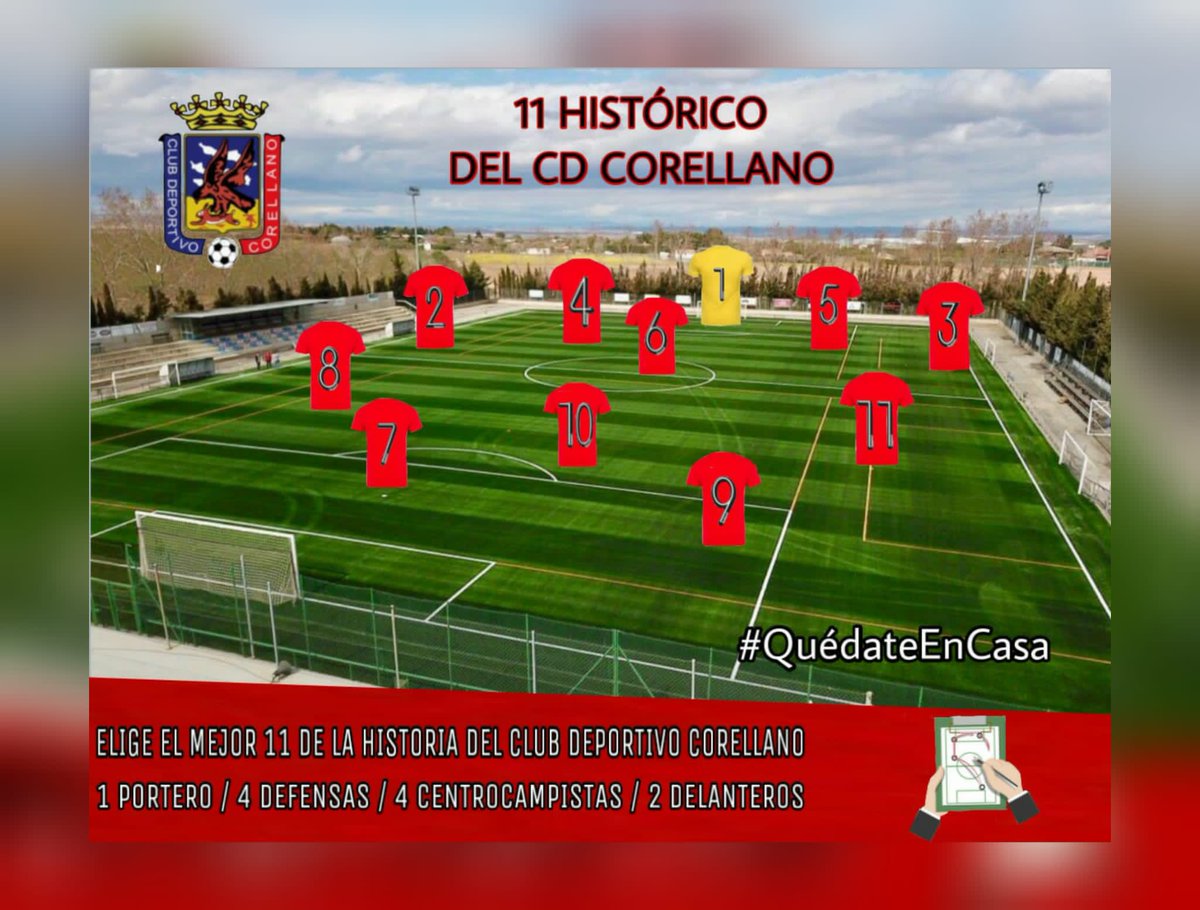 CD_Corellano's tweet photo. 🔴 Juegas a ser entrenador y eliges el mejor 11 de la historia del #CDCorellano ⚽️🗓️
📋 Os dejamos la táctica :
- 1 Portero
- 4 Defensas
- 4 Centrocampistas
- 2 Delanteros
📝Os leemos @CD_Corellano 😉
❤️ #CDCEnCasa #11HistóricoCDC #QuédateEnCasa ❤️ https://t.co/K9NogKcH4h