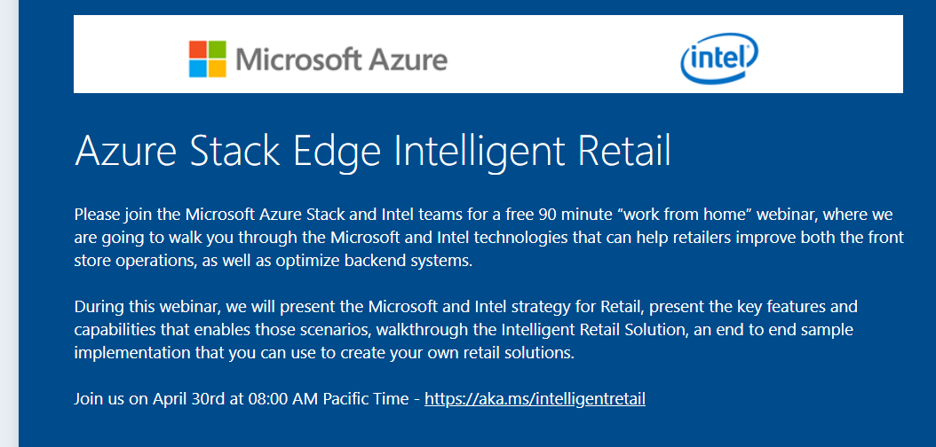 JoeJensenIntel's tweet photo. Don't miss this free #intelligentretail #webinar tomorrow, April 30. Microsoft @Azure and @Intel are presenting key capabilities that enable #retail to serve current consumer needs. https://t.co/B1CHBKNmme #iamintel https://t.co/nR6SMeW0GM