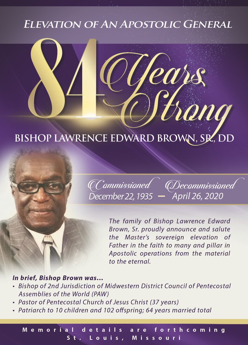 ProphtessMarcia's tweet photo. It is with heaviness of heart that we, Morrison Ministries inform you &amp; mourn the passing of Bishop Lawrence E. Brown Sr., DD, the beloved Father of Prophetess Marcia Morrison. We ask that you keep Prophetess Morrison &amp; family covered in earnest prayer during this difficult time. https://t.co/KLndniumlf