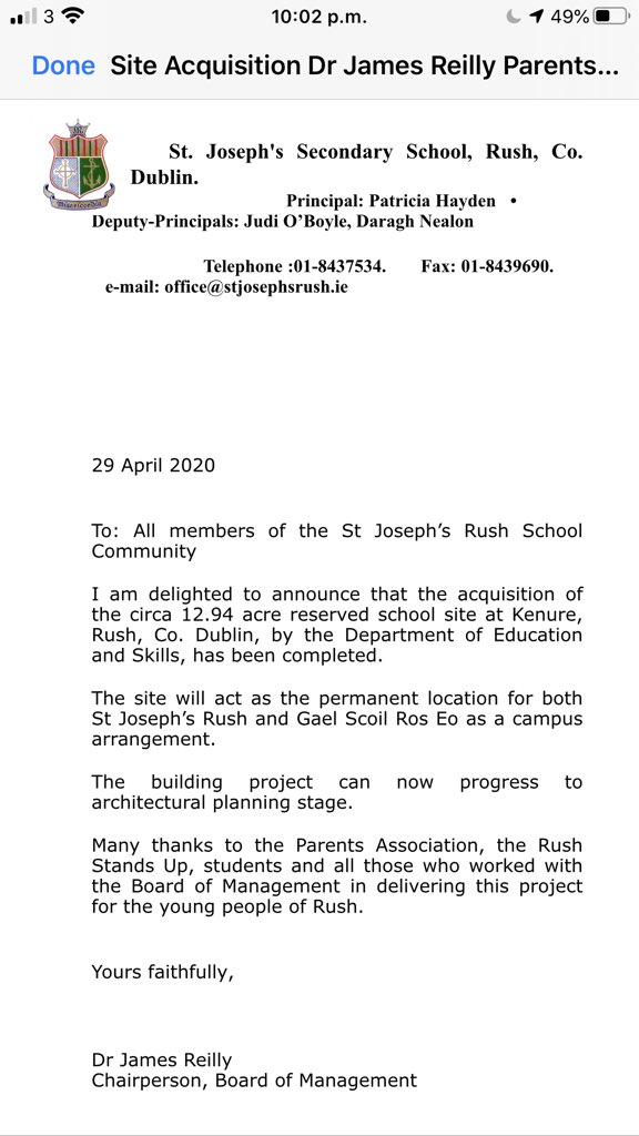 stjosephsrush's tweet photo. Wonderful news for r town @Education_Ire @McHughJoeTD - the site 4 r new school has been procured. Many thanks to r students, parents &amp; #RushStandsUp 4 keeping the faith! @ceist1 @NAPD_IE @newschambers @ciaranreade @eimearmc16 @djbyrne80 @_MsLeahBrophy_ @JudiOBoyle @AKinsella https://t.co/o5iHVUj23y