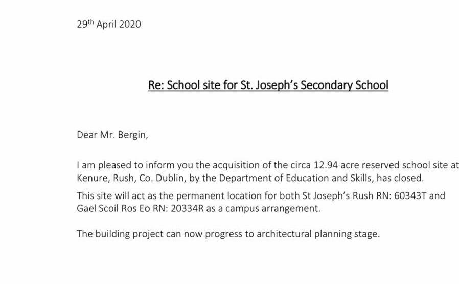 stjosephsrush's tweet photo. Wonderful news for r town @Education_Ire @McHughJoeTD - the site 4 r new school has been procured. Many thanks to r students, parents &amp; #RushStandsUp 4 keeping the faith! @ceist1 @NAPD_IE @newschambers @ciaranreade @eimearmc16 @djbyrne80 @_MsLeahBrophy_ @JudiOBoyle @AKinsella https://t.co/o5iHVUj23y