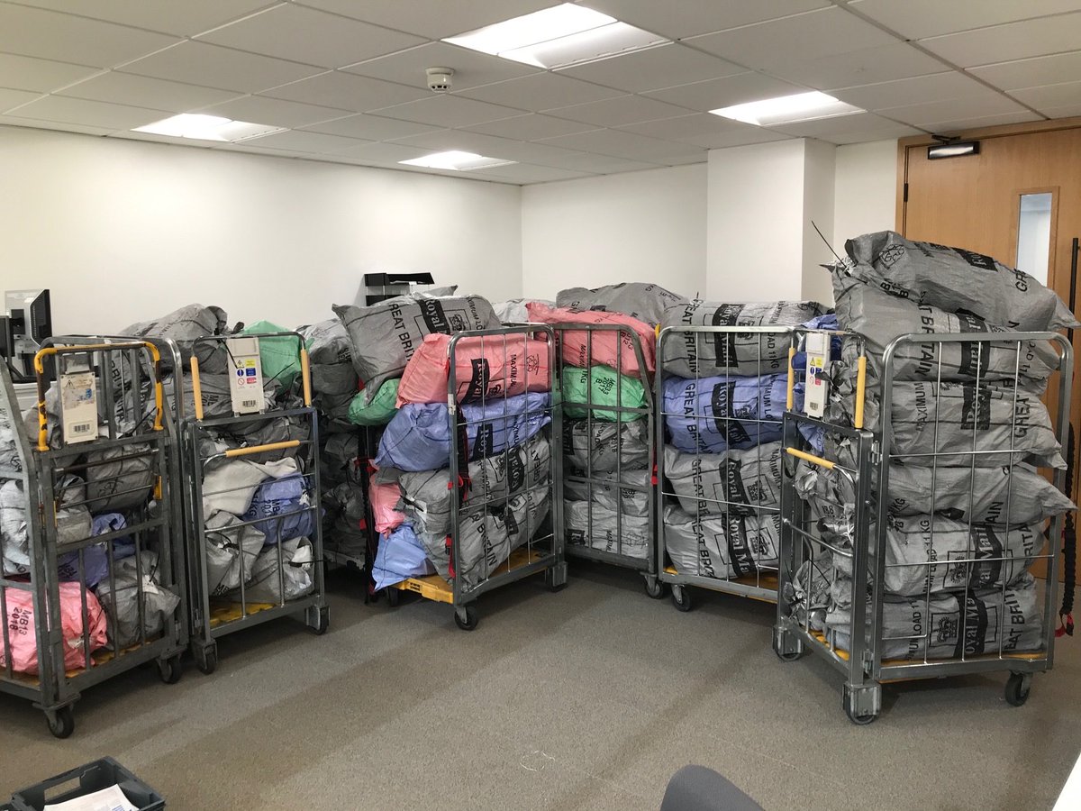 JimBethell's tweet photo. Postal bags of our surveillance kits ready for despatch to households. 
Thank you for a huge collaborative effort.  📨📪

@YodelOnline 
@PostOffice 
@benatipsosmori @imperialcollege @UK_Life_Science https://t.co/HDRCZEWqPy