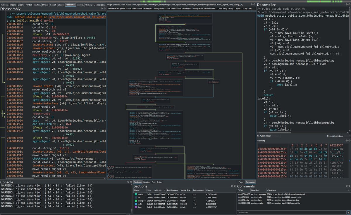 bl4ckh0l3z's tweet photo. Hey @netflix, someone is spreading a trojanized version of the #netflix app. Once it is executed, a #backdoor from tcp://kalihosts.ddns.net:4444 (@NoIPcom) is activated giving the attackers full access to the phone.#radare2 #apps #mobile #mobisec #cybersec #ReverseEngineering https://t.co/vF6ORyQLo9
