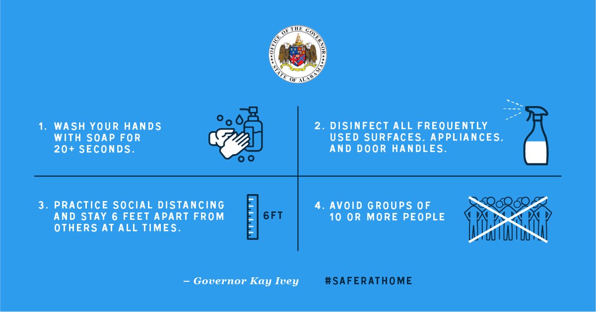 GovernorKayIvey's tweet photo. My fellow Alabamians, the threat of #COVID19 is not over. Make sure you’re doing everything you can to stop the spread. Keep yourself &amp; others safe by following these steps. #TogetherAL https://t.co/H9GRqIyvg5