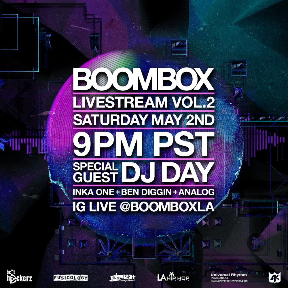 [SATURDAY] we return with VOL.2 of our LIVESTREAM series featuring a special guest set from one of our favorites, Palm Springs' finest <a href="/DJDAY/">DJ Day jii</a> + all residents <a href="/INKA_ONE/">inka one</a> <a href="/BEN_DIGGIN/">Ben Diggin</a> <a href="/DEEJAYANALOG/">Deejay Analog</a>!! catch us on IG Live (<a href="/BoomboxLA/">BOOMBOX</a>) at 9pm PST. let's gooo! instagram.com/boomboxLA