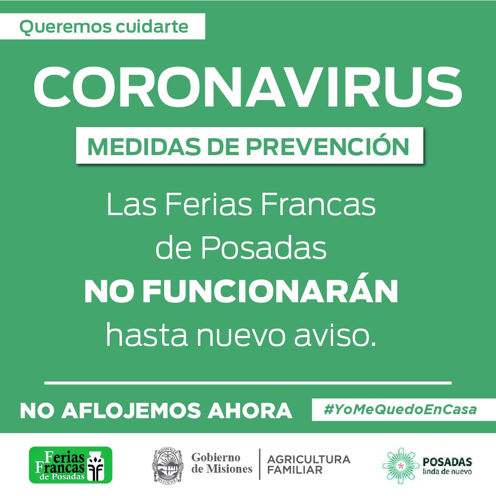 MinAgriFam's tweet photo. Ante la declaración realizada por las autoridades sanitarias de “Circulación  Comunitaria de Coronavirus en Misiones”,se  decidió suspender el funcionamiento de todas las  ferias francas  de la capital provincial, a partir del próximo, sábado 02 de mayo y hasta nuevo aviso. https://t.co/PMpHqTHQ6P