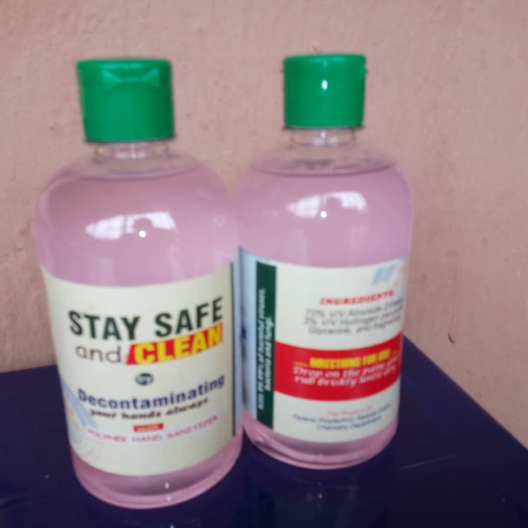 Sanitizer by the Chemistry Department of Federal Polytechnic, Nekede, Imo State which the institution distributed as part of its corporate social responsibility. This is way to go.  Nigeria has got the resources and the capacity. Just that our leaders are not interested.
