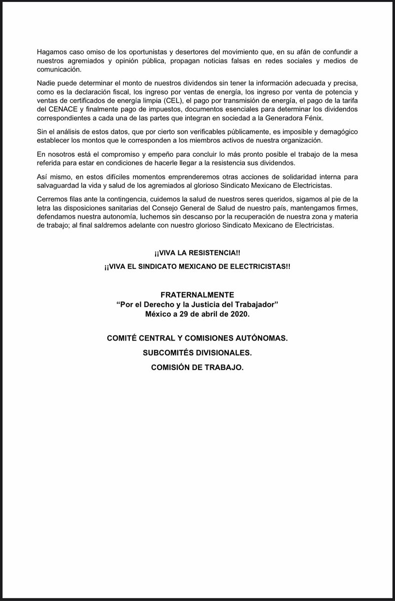 sindicato_sme's tweet photo. OFICIO CIRCULAR N° 25098 ASUNTO: DIVIDENDOS DEL EJERCICIO 2019 DE LA GENERADORA FÉNIX

Click aquí https://t.co/dV7VeCiCLd
#SME https://t.co/FYSmOUaKF5