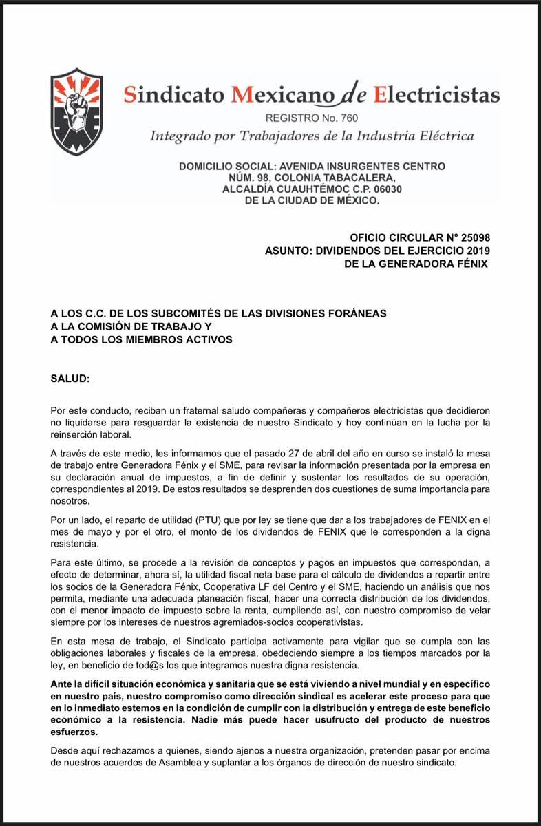 sindicato_sme's tweet photo. OFICIO CIRCULAR N° 25098 ASUNTO: DIVIDENDOS DEL EJERCICIO 2019 DE LA GENERADORA FÉNIX

Click aquí https://t.co/dV7VeCiCLd
#SME https://t.co/FYSmOUaKF5