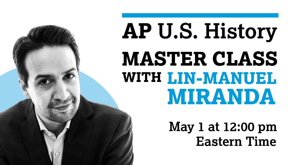 Trevor Packer (@ap_trevor) on Twitter photo Iβm thrilled to announce that Hamilton creator/genius <a href="/Lin_Manuel/">Lin-Manuel Miranda</a> will be joining us for a special edition AP U.S. History lesson. Watch on YouTube this Friday at noon Eastern Time. youtu.be/1fSQkPJpBqM #APMasterClass Iβm thrilled to announce that Hamilton creator/genius <a href="/Lin_Manuel/">Lin-Manuel Miranda</a> will be joining us for a special edition AP U.S. History lesson. Watch on YouTube this Friday at noon Eastern Time. youtu.be/1fSQkPJpBqM #APMasterClass